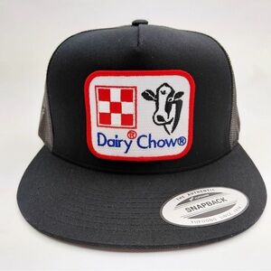 Dairy Chow Cattleman Rancher Hat Embroidered Patch Flat Bill Mesh Snapback Cap